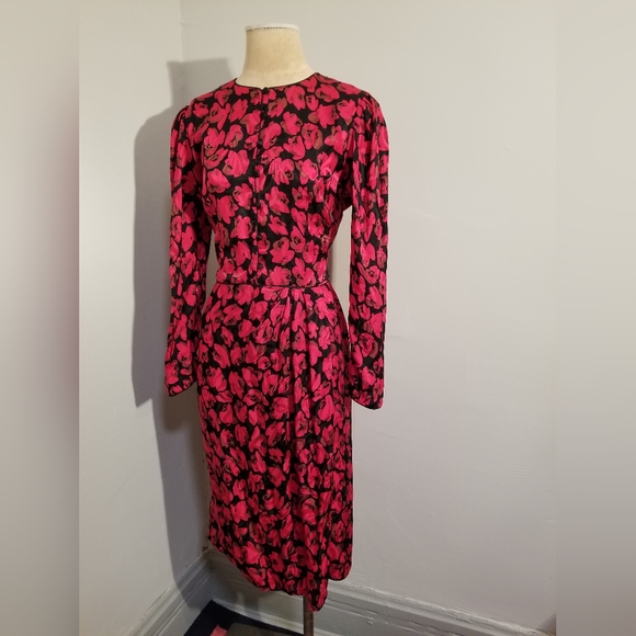 MAGGY LONDON BY JEANNENE BOOHER VINTAGE SILK RED BLACK FLORAL FAUX WRAP DRESS 12 - Picture 8 of 10